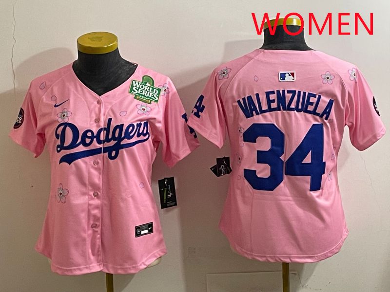 Women Los Angeles Dodgers #34 Valenzuela Pink Sakura Edition 2025 Nike MLB Jersey style 38